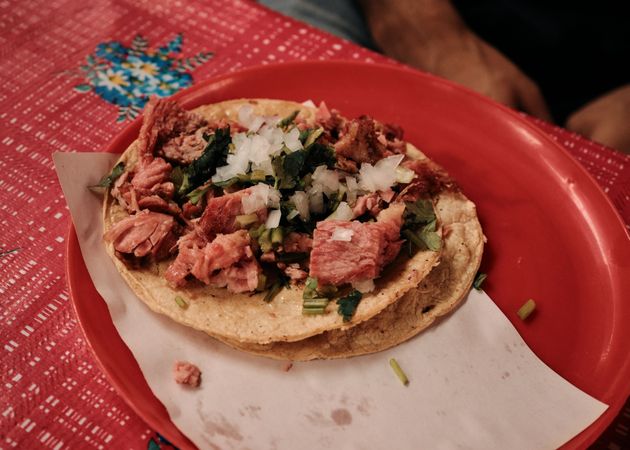 Delicious taco on red plate
