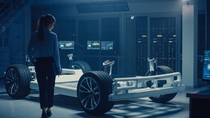 Automobile Female Engineer Working on Electric Car Chassis Prototype, Using Tablet Computer Augmented Reality with 3D CAD Software Modelling