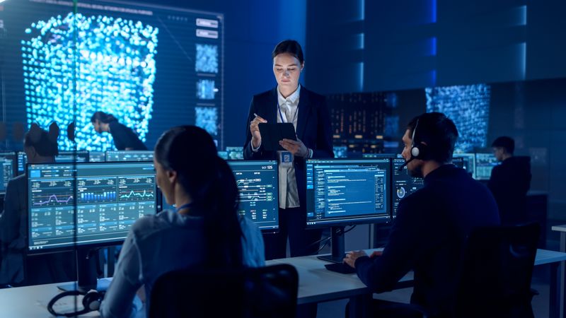 Female Supervisor Guides Diverse Team in Data Analysis Center.