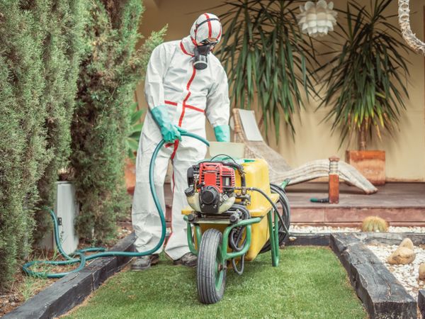 Fumigator pulling treatment hose from machine in yard