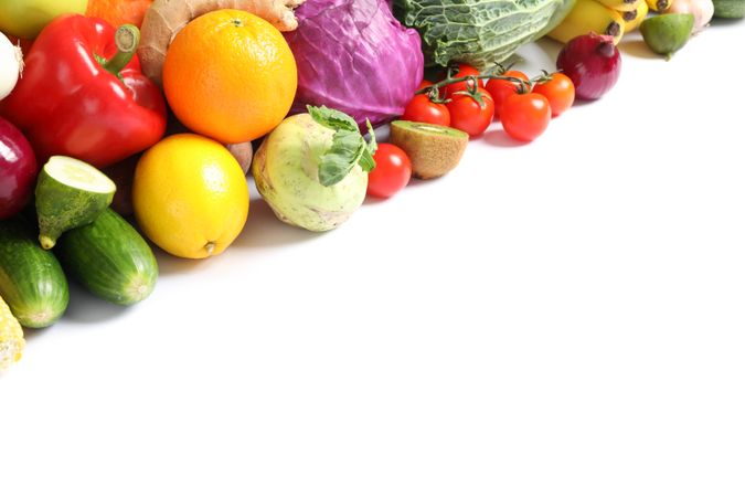 Composition with ripe vegetables and fruits isolated. Healthy food
