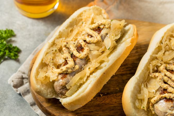 German Homemade Bratwurst Sandwiches with Sauerkraut