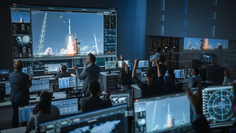Team Cheers as Spacecraft Lifts Off, Displayed on Large Screen.