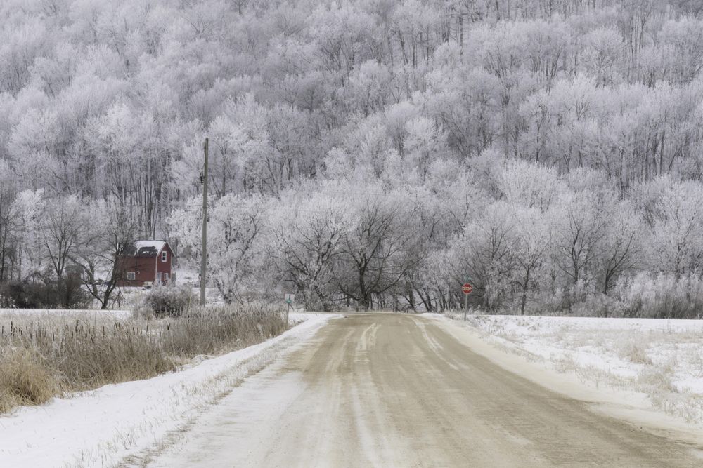 An isolated gravel road leading to a red house and stop sign