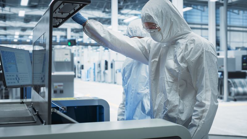 Scientists in hazmat suits doing lab work
