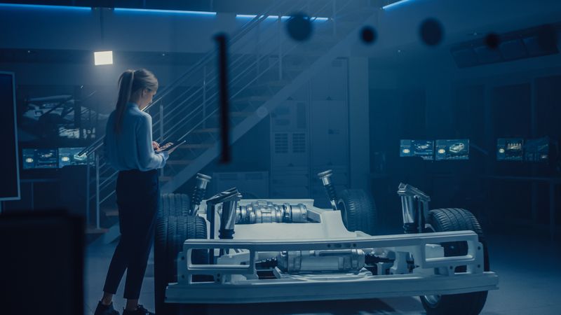 Automobile Engineer Working on Electric Car Chassis Platform, Using Tablet Computer Augmented Reality with 3D CAD Software Modelling.