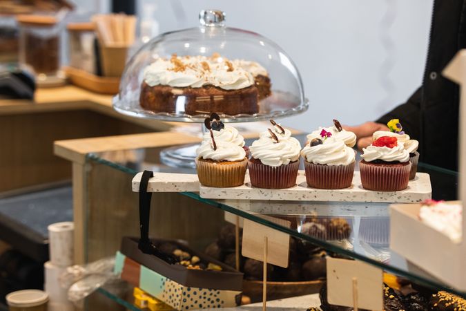 Various delicious cupcakes on counter in bakehouse