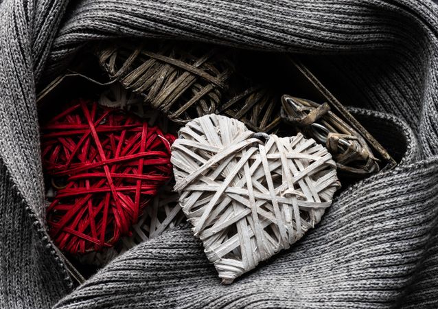 Thatched heart decorations on cosy grey knit