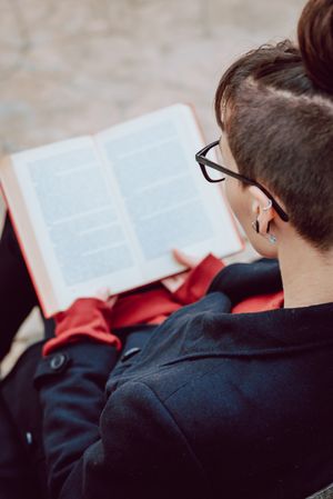 Young woman reading book on bench in park