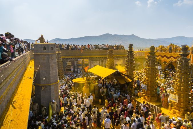 Jejuri, Maharashtra, India - Dec 30, 2024: Palkhi of Lord Khandoba at the famous and beautiful Khandoba temple at Jejuri during the festival of Somvati Amavasya