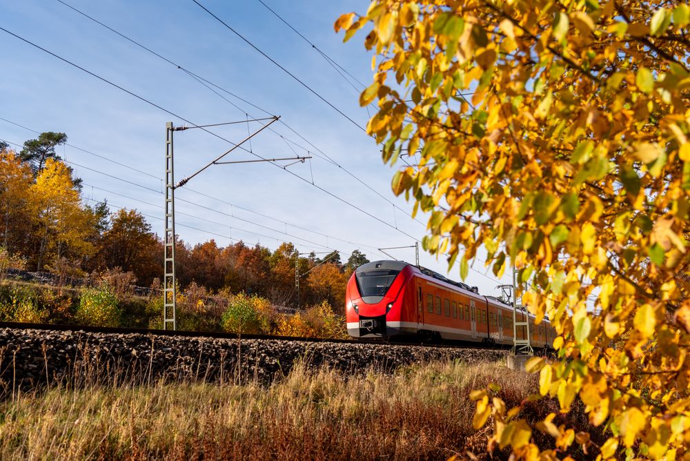 Train travelling through autumn nature outside Nuremberg city