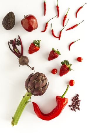 Mix of fruits and vegetables in red color