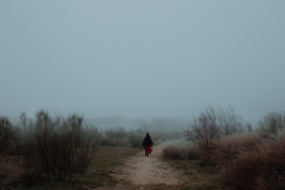 Woman in red dress walking in foggy area