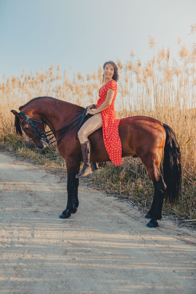 Cheerful woman riding horse in countryside