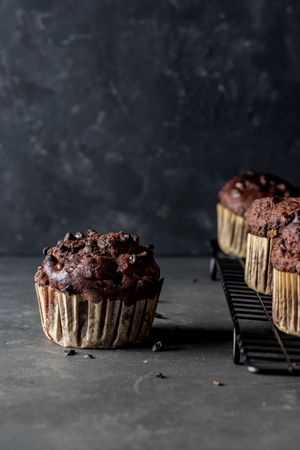 Chocolate banana muffin on towel