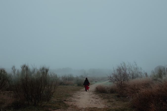 Woman in red dress walking in foggy area