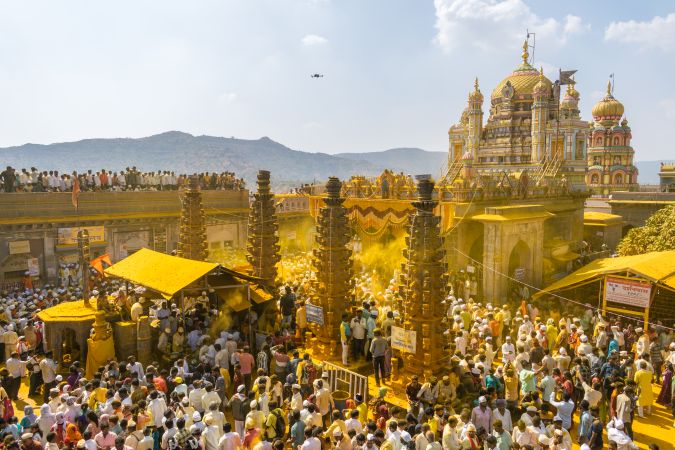 Jejuri, Maharashtra, India - Dec 30, 2024: Palkhi of Lord Khandoba at the famous and beautiful Khandoba temple at Jejuri during the festival of Somvati Amavasya