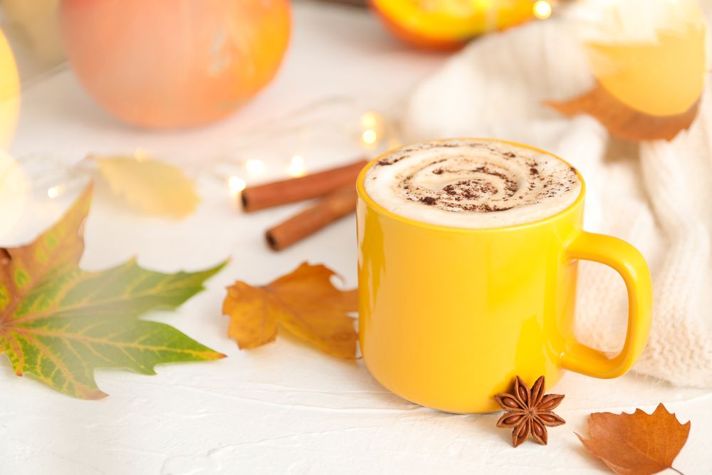 Composition with cup of pumpkin latte on light background