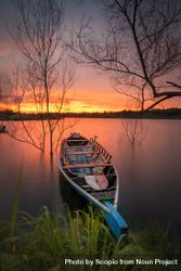 Canoe between bare trees on water during sunset 4B7Veb