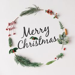 Minimalistic Christmas wreath made of winter branches and berries with “Merry Christmas”