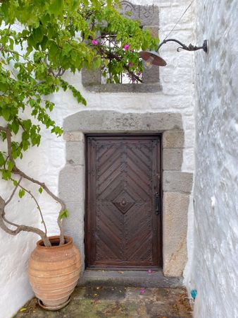 Patmian door with potted tree