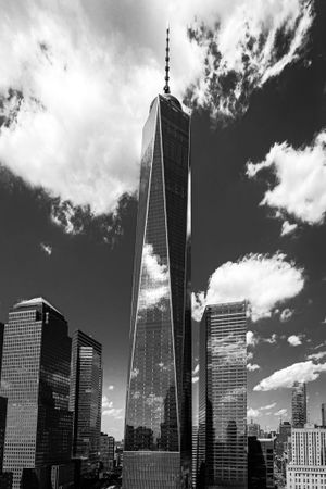 Monochrome photo of The Freedom Tower skyscraper in NYC