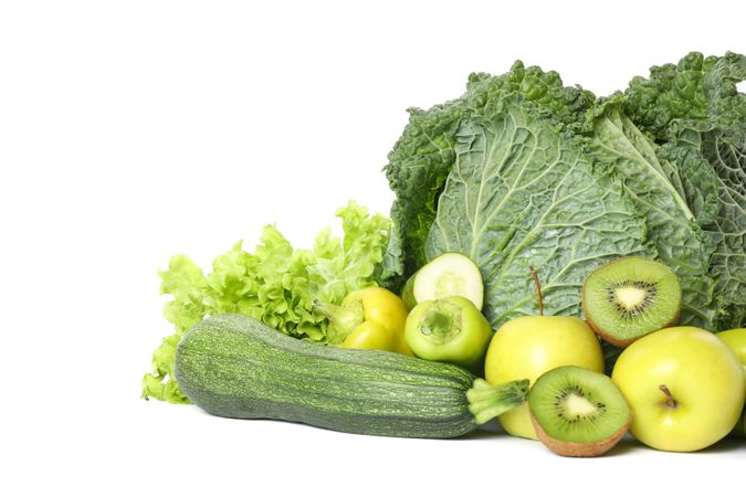 Fresh vegetables and fruits isolated on blank background