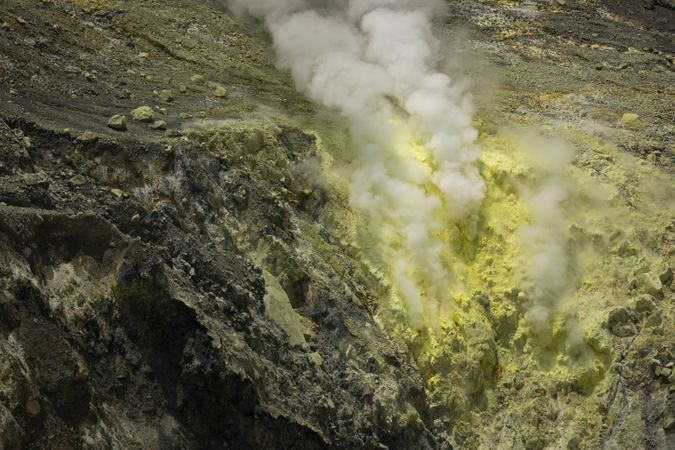 Yellow sulfides and toxic gases emanating from the ground, Indonesia