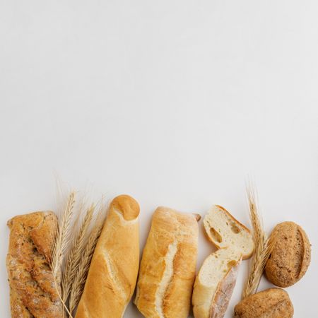 Assortment bread loaves on light background