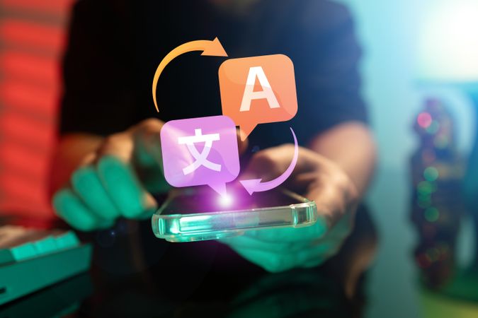 Man Using Smartphone Translator for Travel