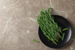 Plate with rosemary on grey table, top view