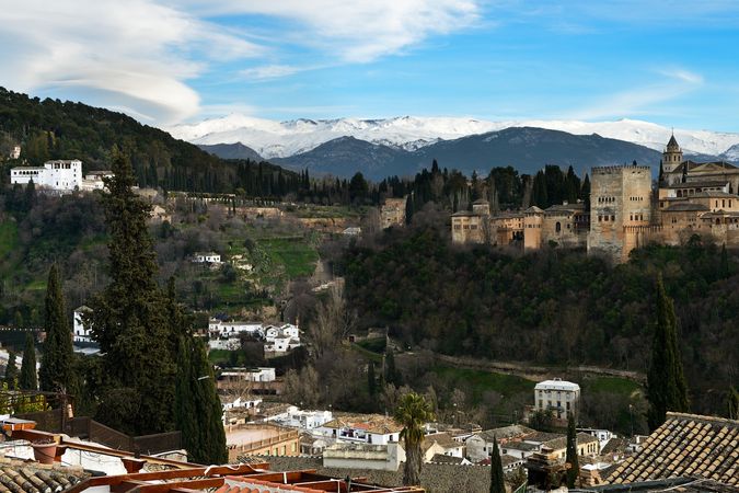 Alhambra and snow covered Sierra Nevada mountains