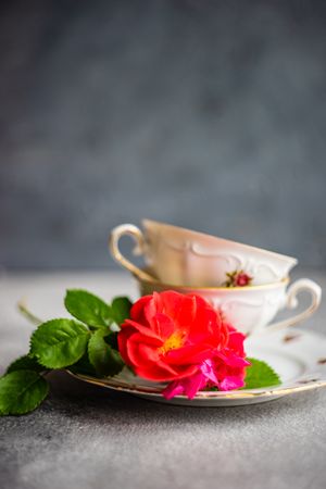 Cups stacks on saucer with red roses