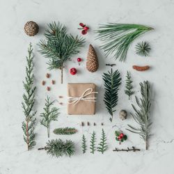 Creative layout made of winter branches, on marble background with present