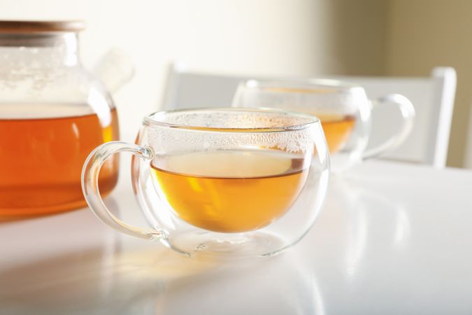 table with glasses and pot with tea