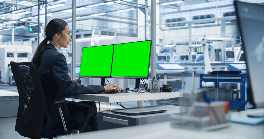 Female Robotics Technician Working on Desktop Computer with Green Screen Chromakey Mock Up Display in a Factory Office. Technological Research, Development Facility with Autonomous Assembly Line