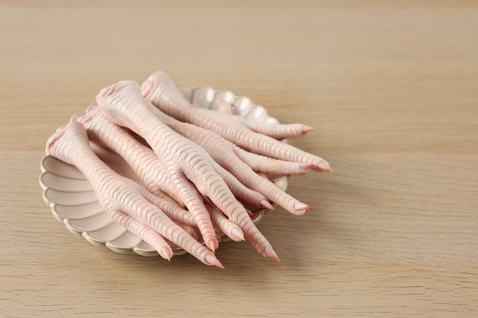 Close Up A Plate of Raw Chicken Feet Claw