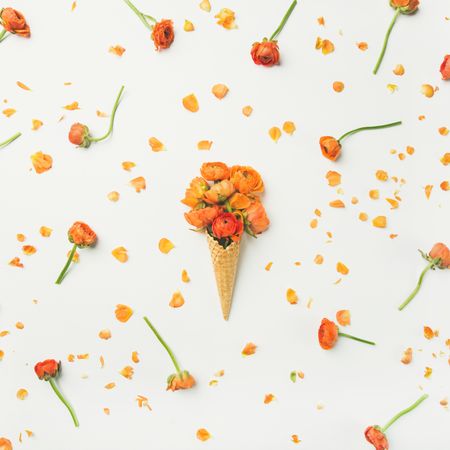 Waffle cone with orange buttercup flowers on a light background with decorative and stems petals