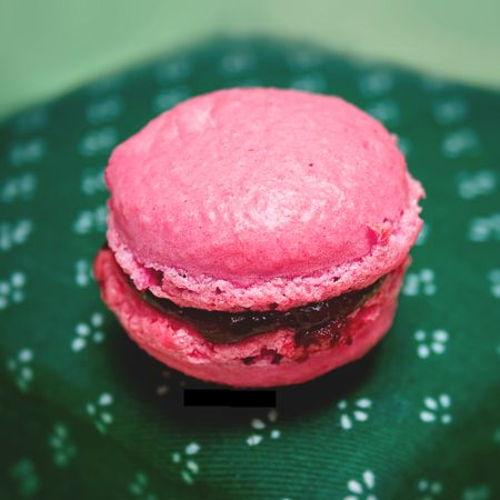 Pink macaron on green background. Pink cupcake.