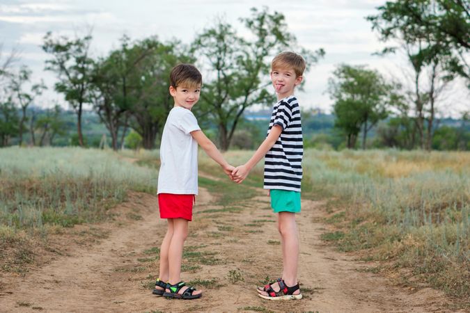 Two little brothers walking in countryside