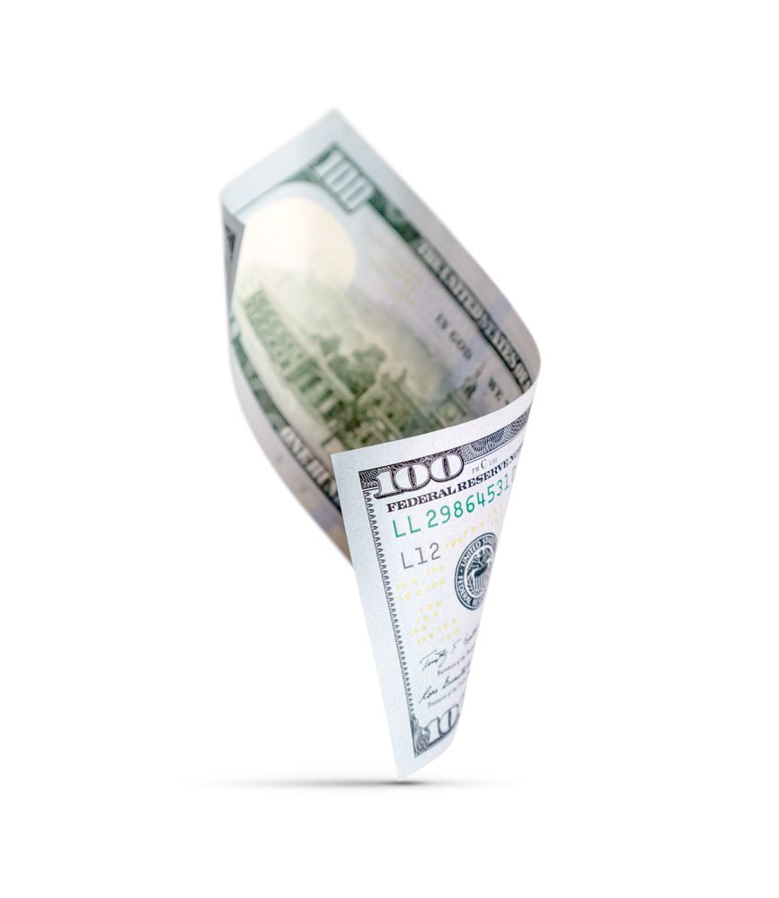 One Hundred Dollar Bill Floating Down To Surface with Drop Shadow
