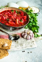 Delicious bowl of Ukrainian beetroot soup borscht