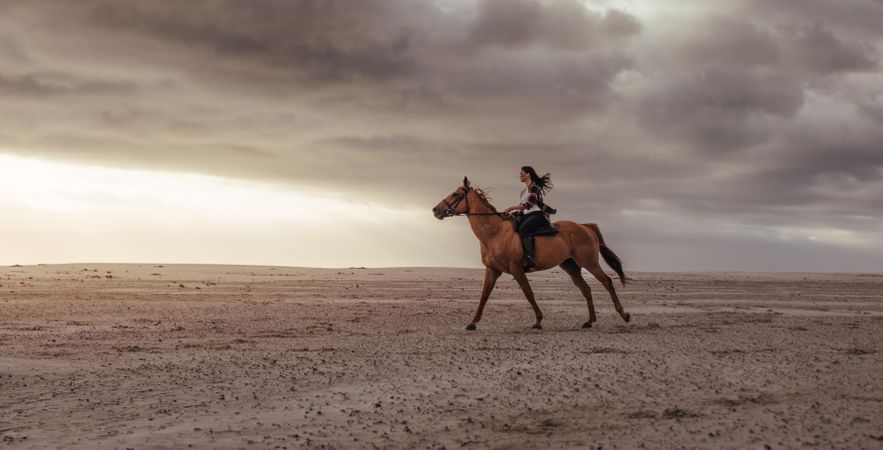 Side view of woman horse rider on beach at sunset