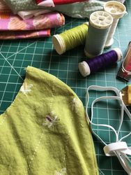 Close-up of fabric and thread for sewing face masks