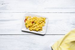 Scrambled eggs served on a plate