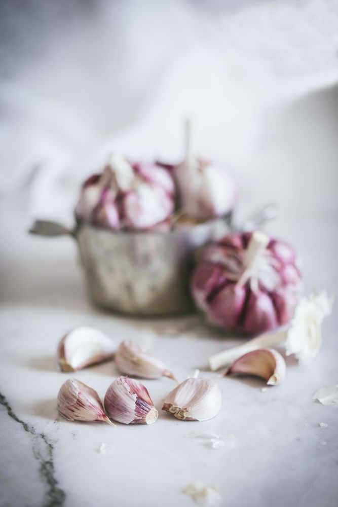 Close-up of a plate of garlic