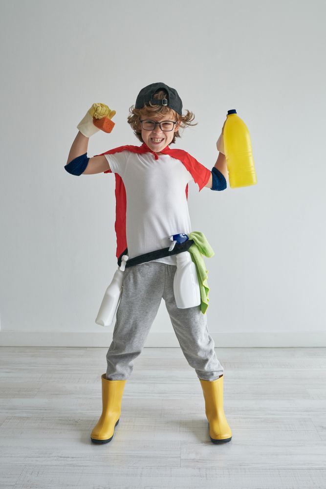 Cheerful boy holding soap and yellow bottle in hands in studio