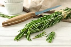 Composition with rosemary, knife, towel and sauceboats on plain background