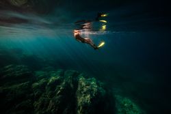 Unrecognizable man in flippers diving in blue ocean