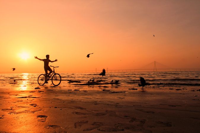 Silhouette of boy riding on bike near shore during sunset